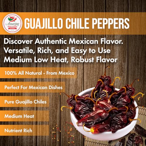Guajillo Chiles Peppers Dried Whole 4 oz – Natural and Premium. Great For Mexican Recipes Like Mole, Tamales, Salsa, Meats. Mild to Medium Heat, Complex Fruity Flavor. Resealable Bag