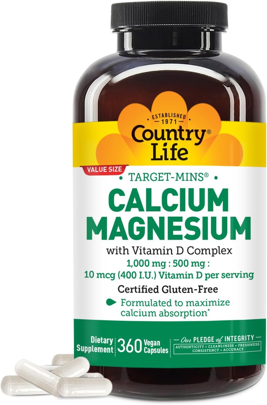 Country Life Target-Mins Calcium Magnesium with Vitamin D, 240 Capsules | 1,000 mg calcium, 500 mg magnesium and 10 mcg vitamin D per serving for bone health and calcium absorption