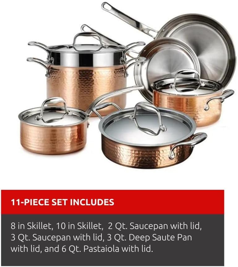 Lagostina Martellata Tri-ply Hammered Copper 11 PC Pots and Pans Cookware Set, Copper