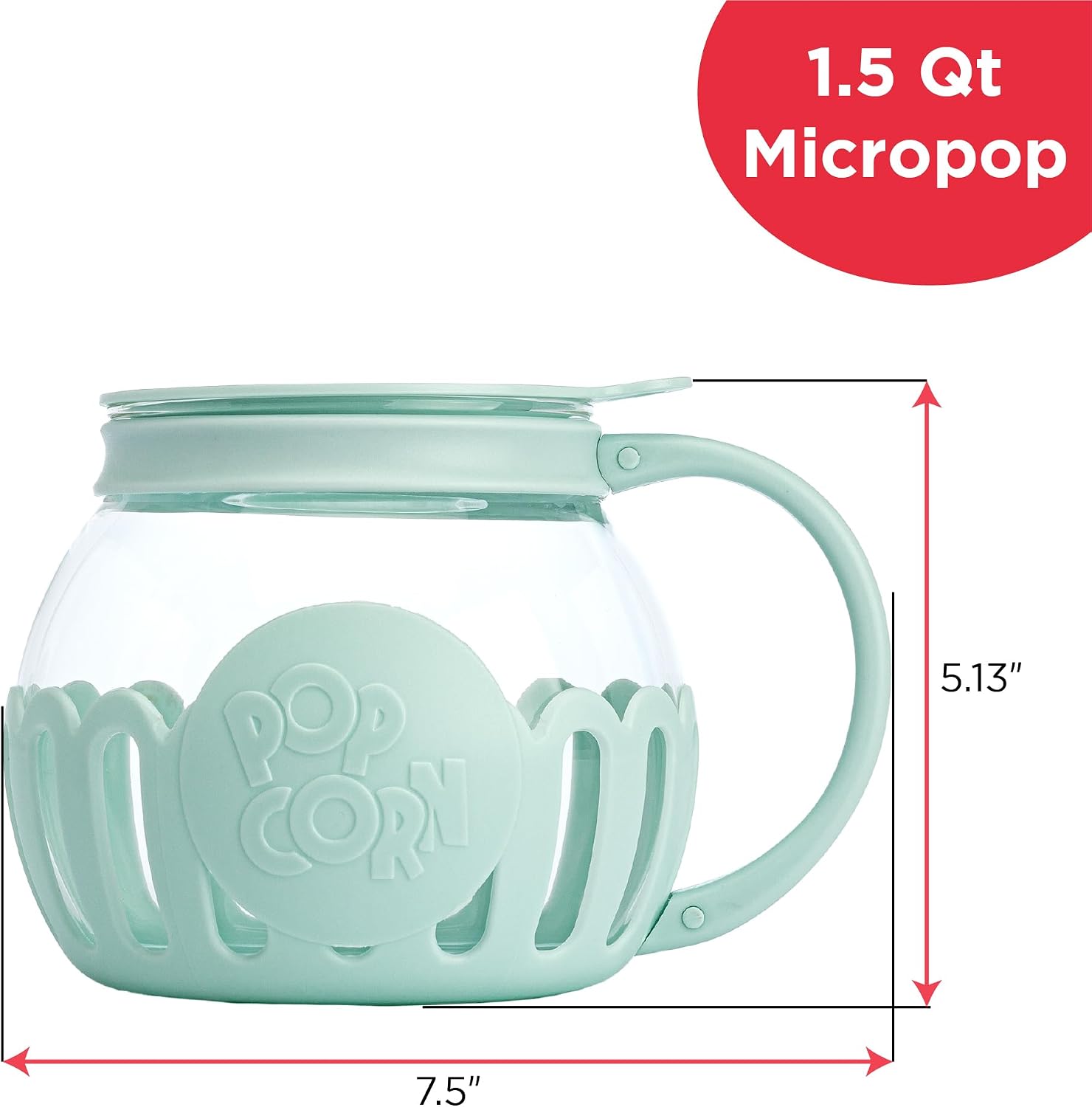 Ecolution Patented Micro-Pop Microwave Popcorn Popper with Temperature Safe Glass, 3-in-1 Lid Measures Kernels and Melts Butter, Made Without BPA, Dishwasher Safe, 3-Quart, Red