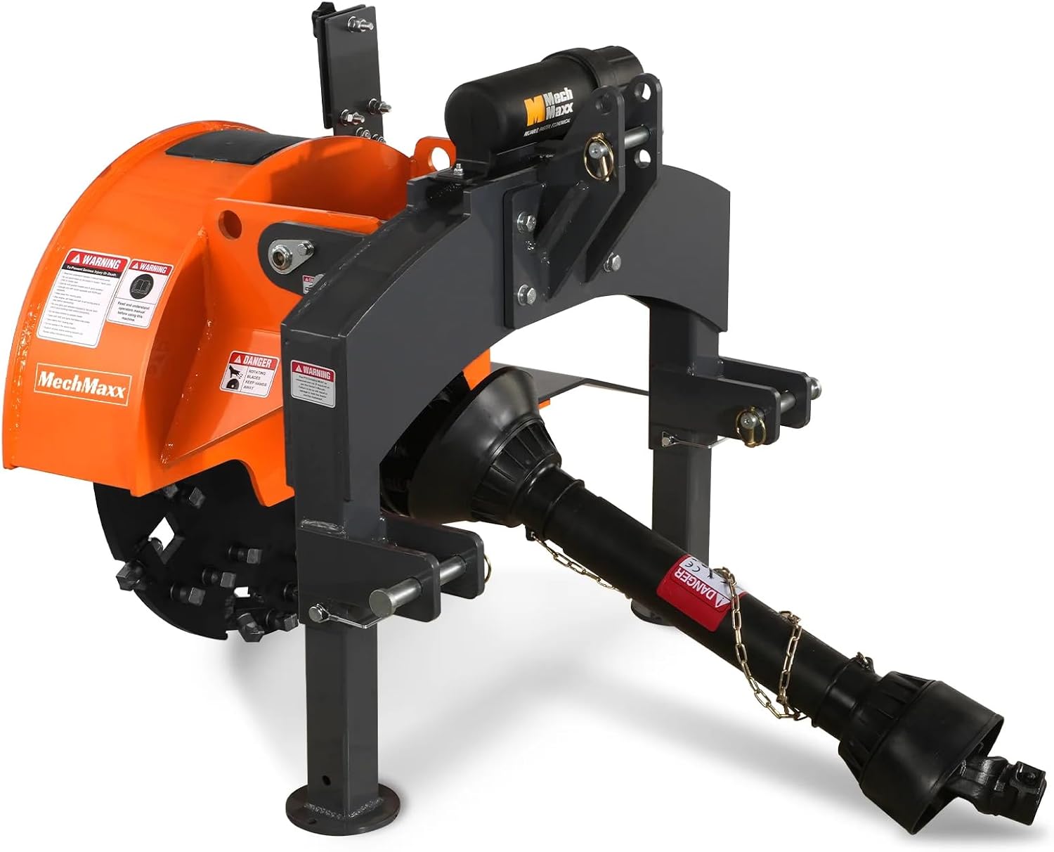 MechMaxx Heavy Duty 3-Point PTO Powered Stump Root Grinder For 15-45HP Tractors With 34 Carbide Teeth, 6'' Cutting Depth, 24'' Flywheel Diameter, Model SG24 Orange