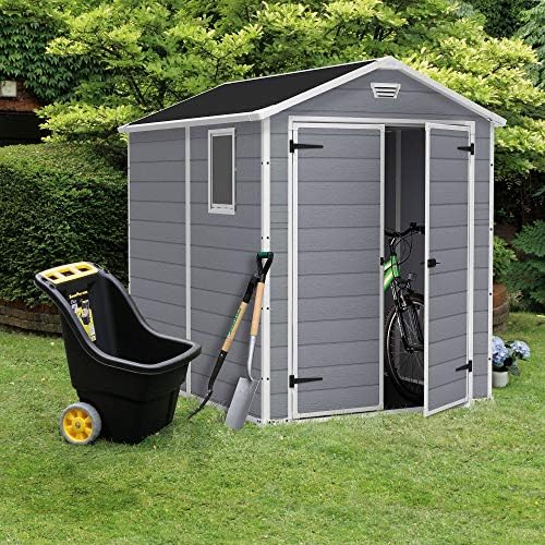 Keter Manor 6x8 Foot All Weather Garden Tool Outdoor Storage Shed with Lockable Double Doors, Fixed Window and Wood-Look Resin Walls