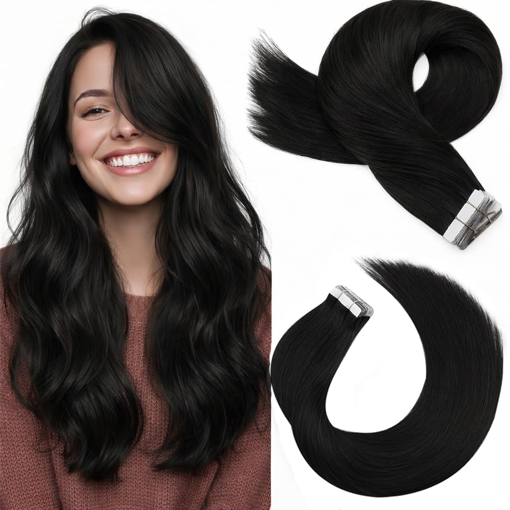 Moresoo Black Tape in Hair Extensions Human Hair, 18 Inch, 20Pcs, 50g