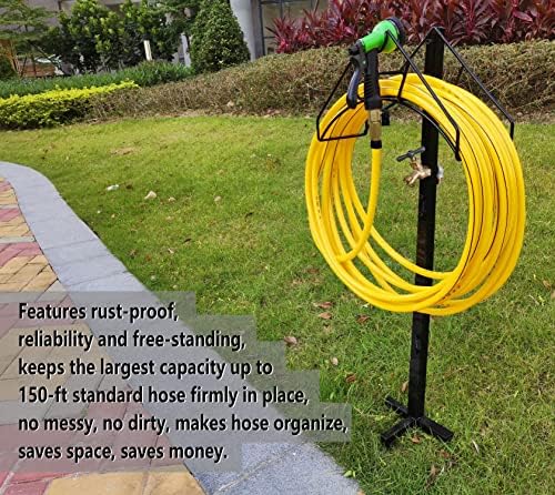 Artigarden Freestanding Garden Hose Holder Hanger, Heavy Duty Metal Water Hose Reel Storage Stand Rack for Yard Lawn, Bright Black (Hose not Included)