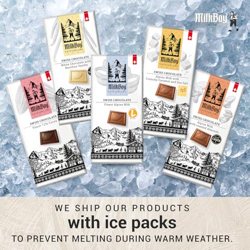 MilkBoy Swiss Chocolates Chocolate Bar Variety Flavors - 3 oz, 5 Pack | Includes milk, dark, white bourbon vanilla, caramel sea salt & almond flavors. Rainforest Alliance certified cocoa. Kosher.