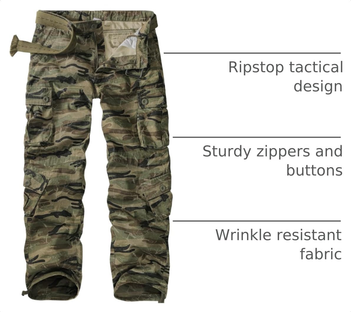 Mens Cargo Pants Camo Work Tactical Rip Stop BDU Casual Army Military Pants | 100% Cotton,Wear Resistant,Breathable,Sweat-absorbent,Men's Wild Cargo Pants with 8 Pockets,Relaxed Loose Fit Hiking Pants