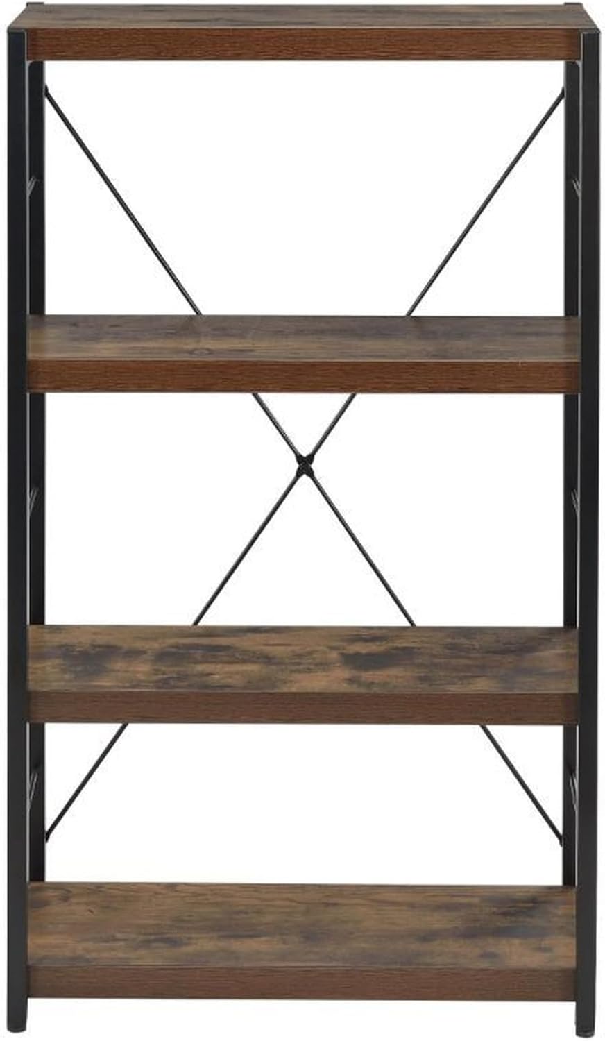 Benjara Four Tiered Metal Framed Wooden Bookshelf, Brown and Black