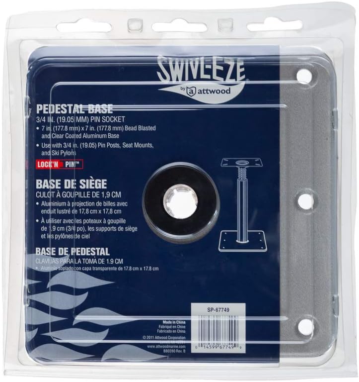 Swivl-Eze attwood SP-67739 Swivl-Eze Lock'N-Pin Stainless Steel 7-Inch x 7-Inch Non Threaded Boat Seat Pedestal Base | Non-threaded for 3/4 in pin socket, needs 2-3/4 in mounting hole, satin finish, exceeds ABYC standards, Type B rating