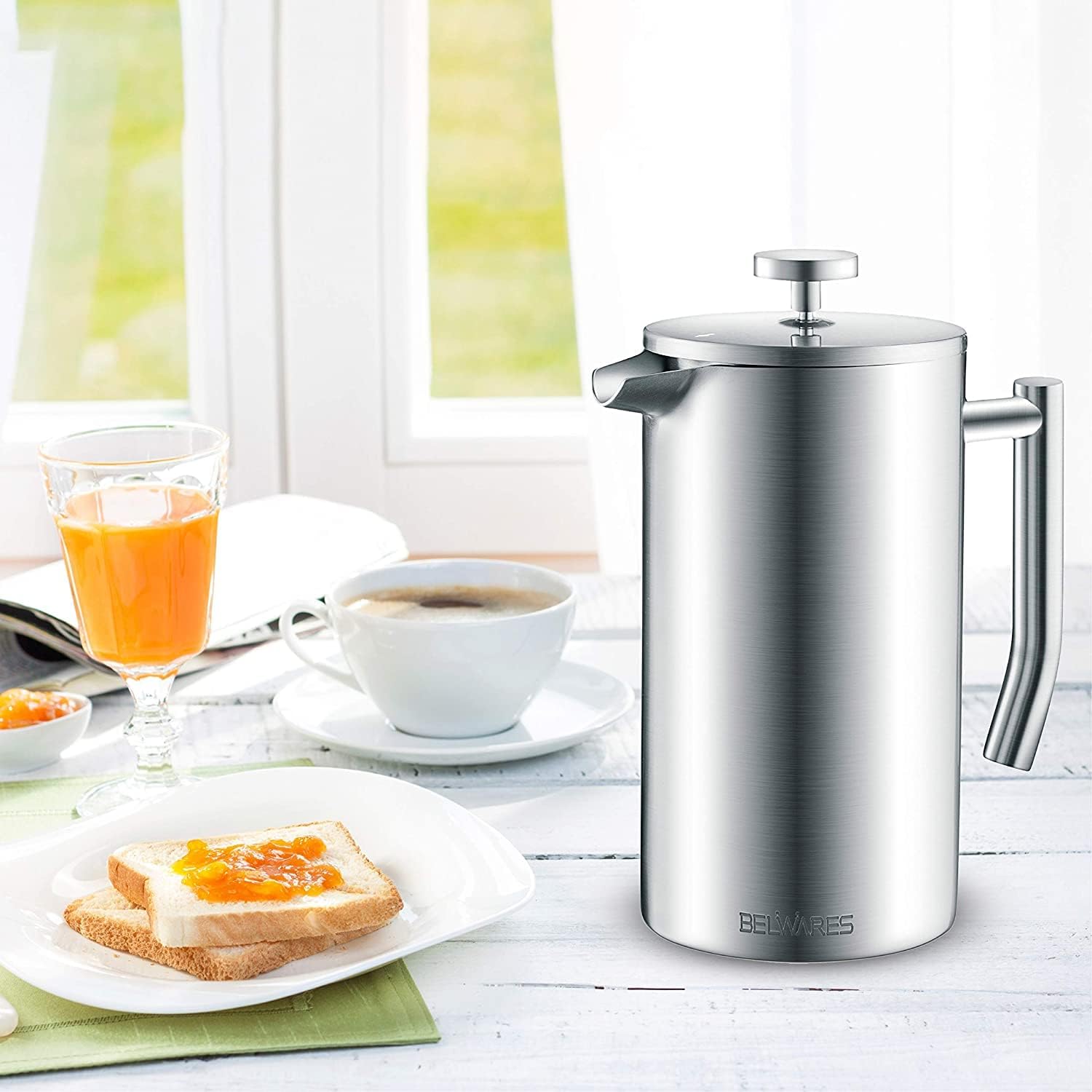 French Press Coffee Maker - 50oz Stainless Steel, Insulated Coffee Press | Large 6 Cup 50oz Capacity, Double Wall Keeps Coffee Hot, 4 Level Filter for Ground Free Coffee, 2 Extra Filters, Matte Black