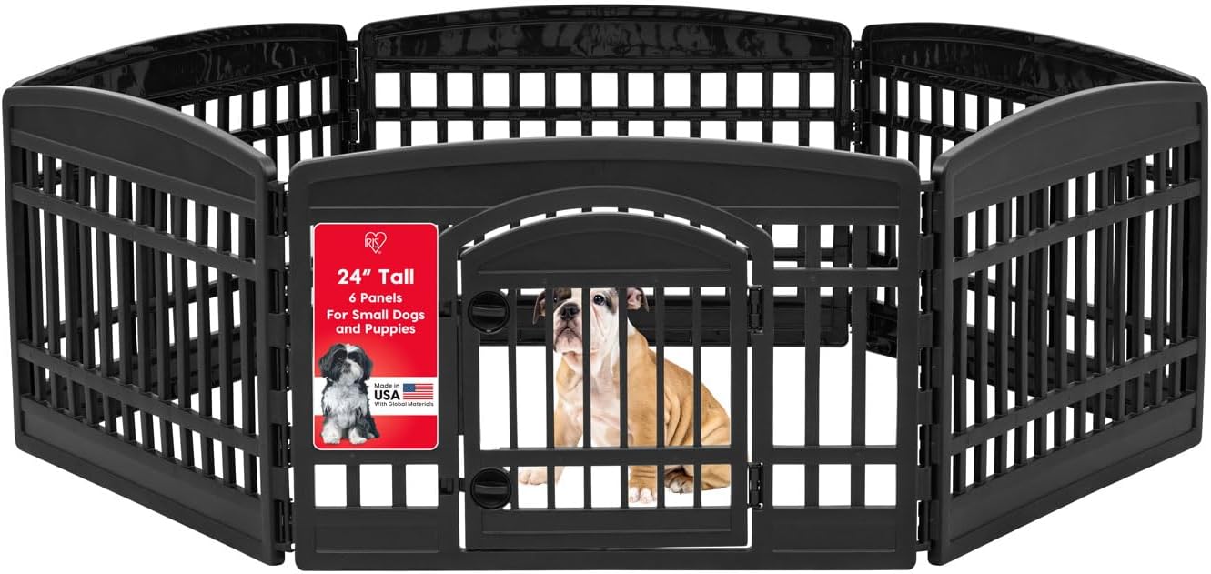 IRIS USA 4-Panel Dog Playpen, Pet Enclosure, Black | Pet Containment, Configurable Layout, Multi-Shape Setup, Custom Pen Configuration, Stable Non-Tip Base, Tool-Free Assembly