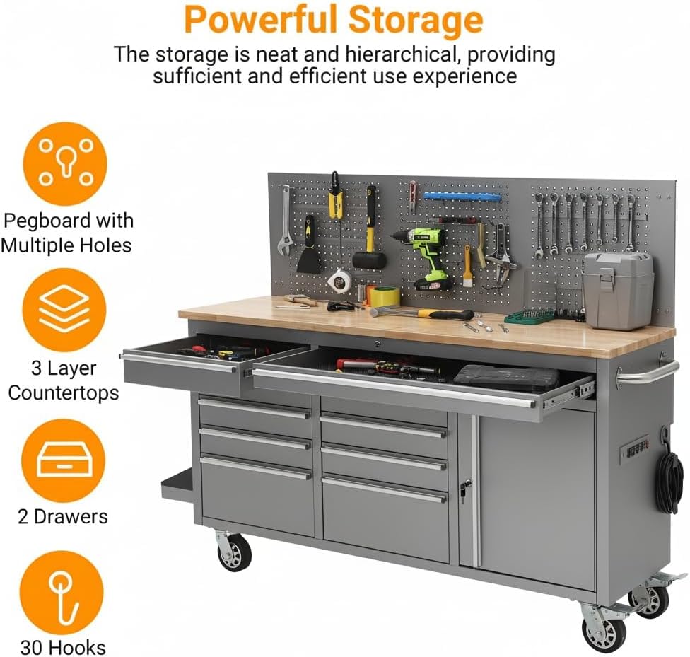 61-Inch Rolling Tool Chest with 10 Drawers & Power Strip, Solid Rubber Wood Top, 1675 LBS Load Heavy Duty Mobile Workstation, Locking System and Drawer Liners for Garage Warehouse Shop, Black