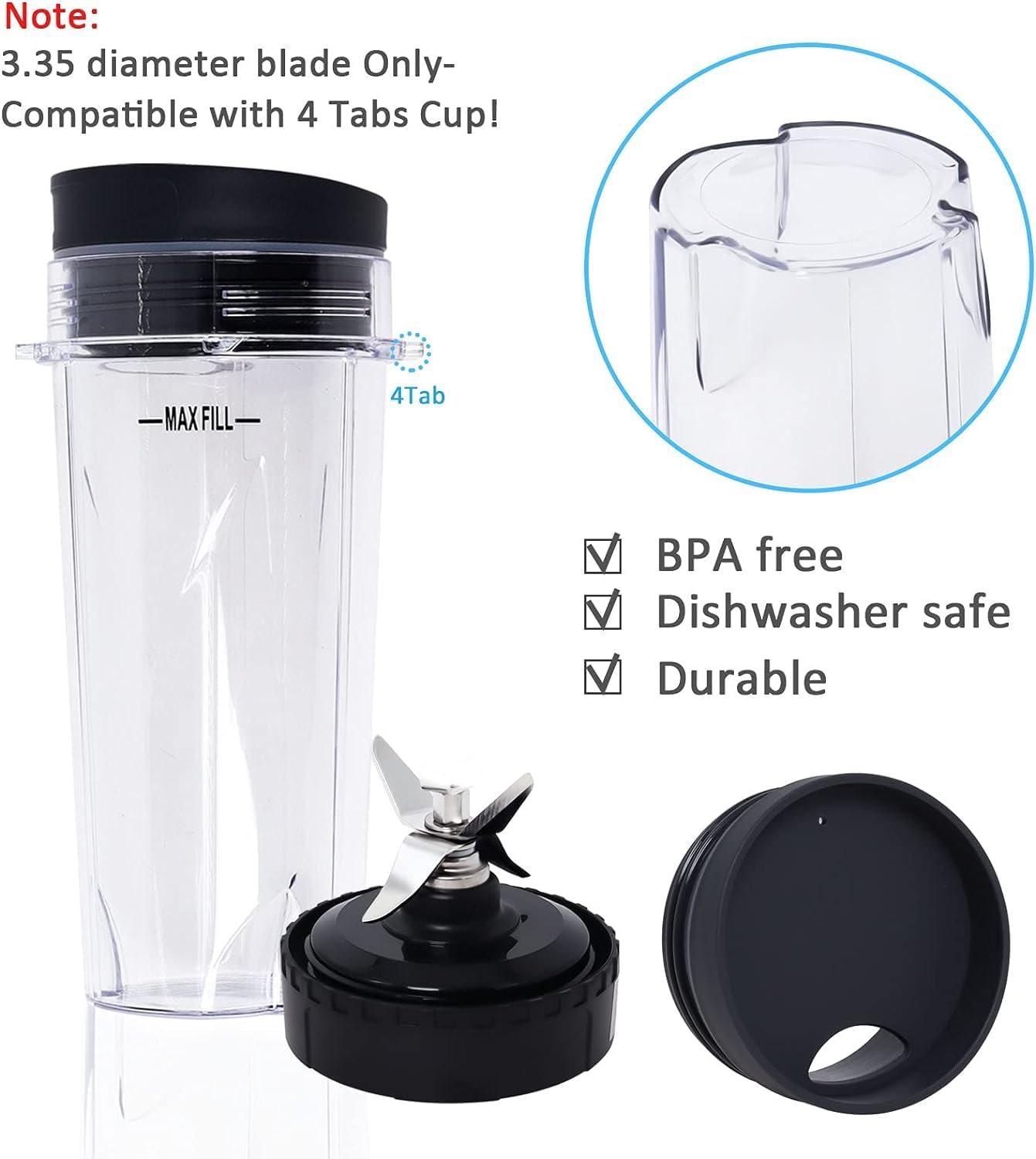 Replacement Blade Assembly Compatible with Nutri Ninja BL660 BL740 BL663 Series, 16oz Cup Only, 6-Male-Fin Base, 3.35" Bottom Diameter, Not for 7-Fin or Auto-iQ Systems