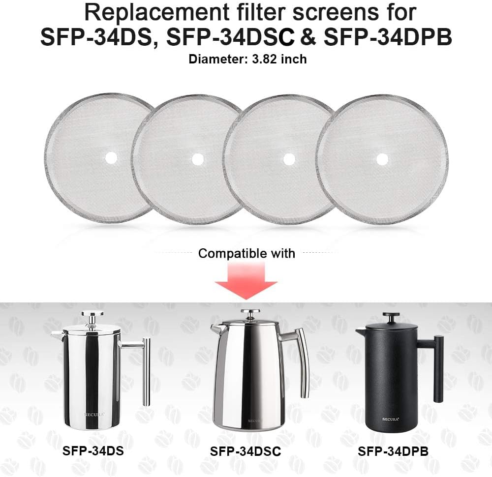 Secura French Press Replacement Screens, Stainless Steel Reusable Mesh Filter for 34 Ounce, 1 Liter Coffee Press, 4 Pack