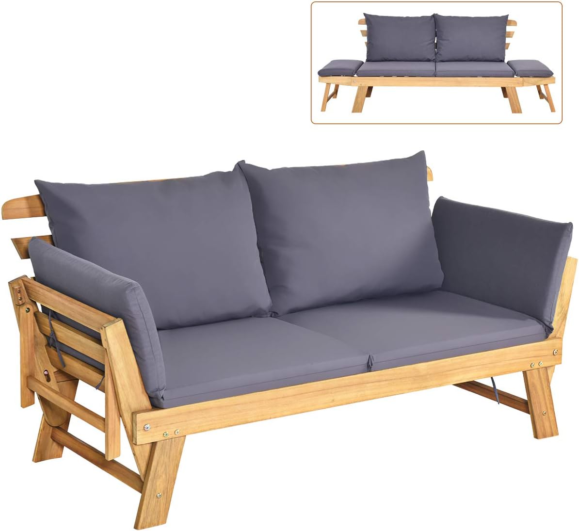 Tangkula Convertible Acacia Wood Patio Couch Sofa Bed with Adjustable Armrest, Outdoor Daybed with Cushion & Pillows