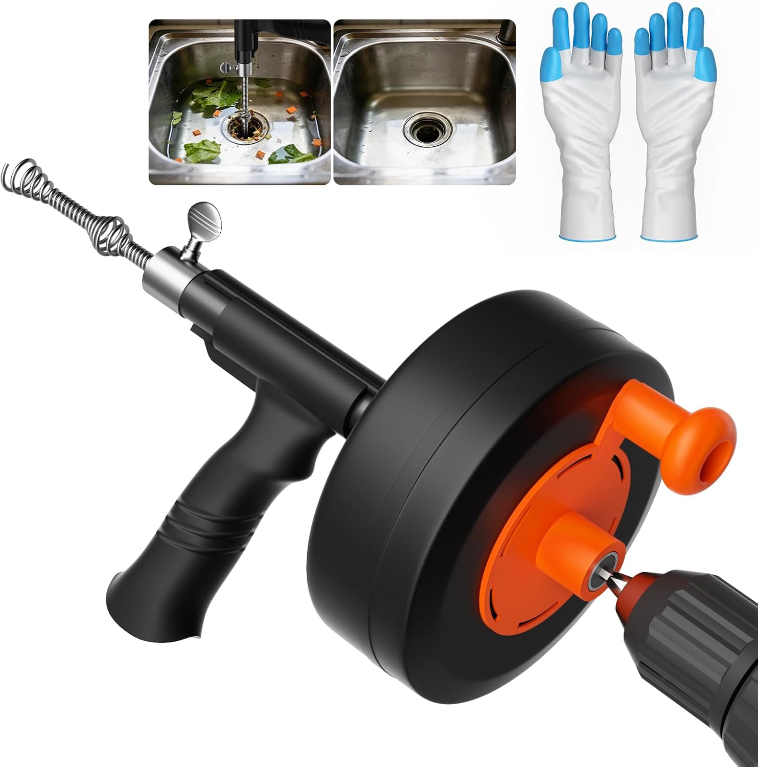 25ft Drain Auger Heavy Duty, Professional Plumbing Snake with Drill Adapter, Manual & Powered Clog Remover for Kitchen, Bathroom, Shower Sink & Bathtub, Flexible Pipe Snake Cleaner with Gloves