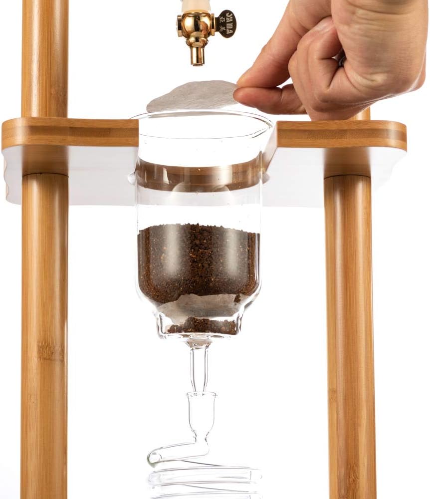 Yama Cold Brew Maker I Ice Coffee Machine With Slow Drip Technology I Makes 6-8 cups (32oz), Large Capacity Cold Brew Coffee Tower, Brown Wood Curved Frame