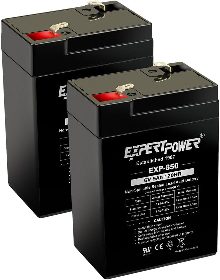 ExpertPower EXP650-6V 5Ah / 20HR SLA Rechargeable 6V Battery for Ride on Toys, Emergency Light, Exit Sign Battery Replacement, Sealed Lead Acid 6 Volt Batteries with F1 Terminals