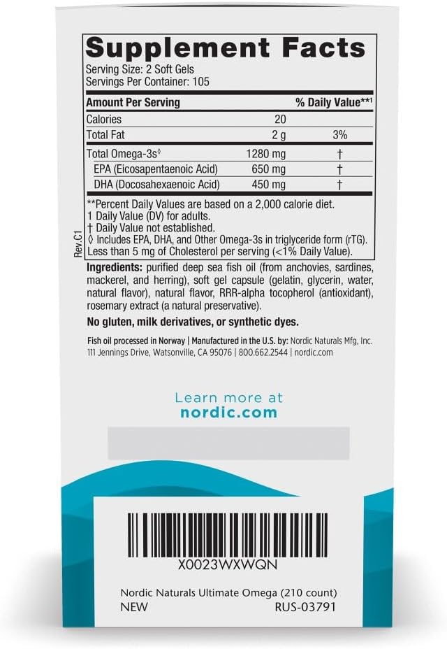 Nordic Naturals Ultimate Omega, 1280mg Omega-3 Fish Oil, Lemon - 60 Count | High-potency Omega-3 Fish Oil with EPA & DHA supports brain & heart health. Non-GMO, burpless formula. 30 servings.