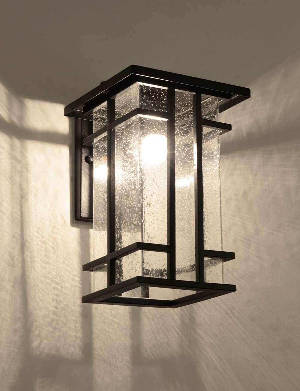 Rustic Dusk to Dawn Outdoor Wall Light Fixture 13.8"H Waterproof Exterior Wall Sconces Black Metal with Seeded Glass Sensor Outdoor Wall Lantern for