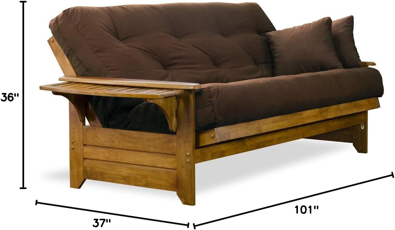 Brentwood Tray Arm Futon Frame, Drawers, and Khaki Mattress Set - Queen, Rich Heritage Finish