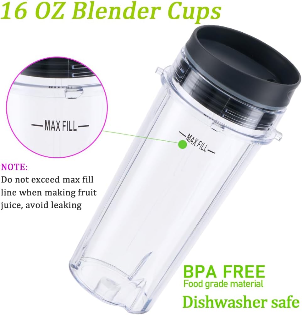 Replacement16oz Blender Cup for Ninja,Single Serve Blender Cup With Lids Set For BL770 BL780 BL660 BL740 BL810 Nutri Ninja Series Blenders (2-pack)
