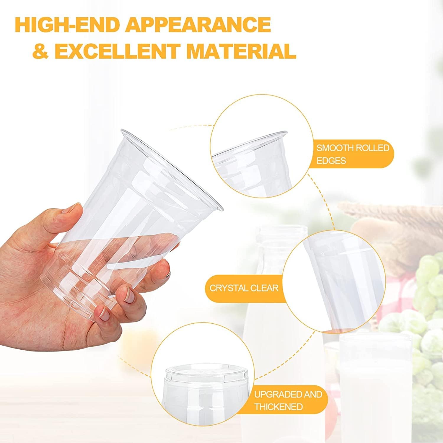 TashiBox Plastic Cups with Flat Lids 100 Sets 16 oz, Clear Crystal drink cups with lids