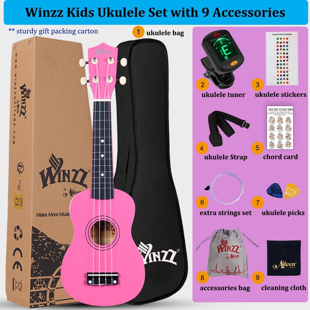 Winzz Soprano Ukulele Starter Kit For Beginners with Bag, Clip-On Tuner, Extra Strings, Strap, Plectrum, Fret Stickers, Chords Card, Polishing Cloth, Black