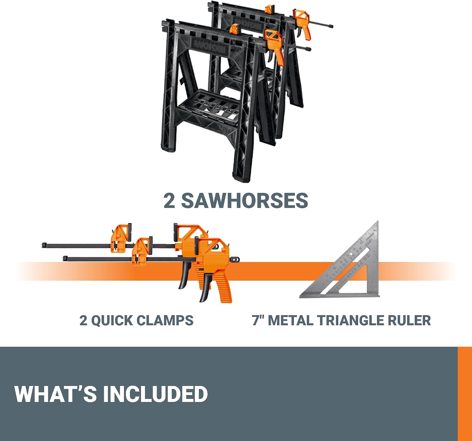 WORX Portable Folding Workbench, 2-in-1 Pegasus Table & Sawhorse, WX051 | 31"×25"×32" dimension, heavy load capacity, fast setup, includes 2 clamps & 4 clamp dogs, lightweight portable design