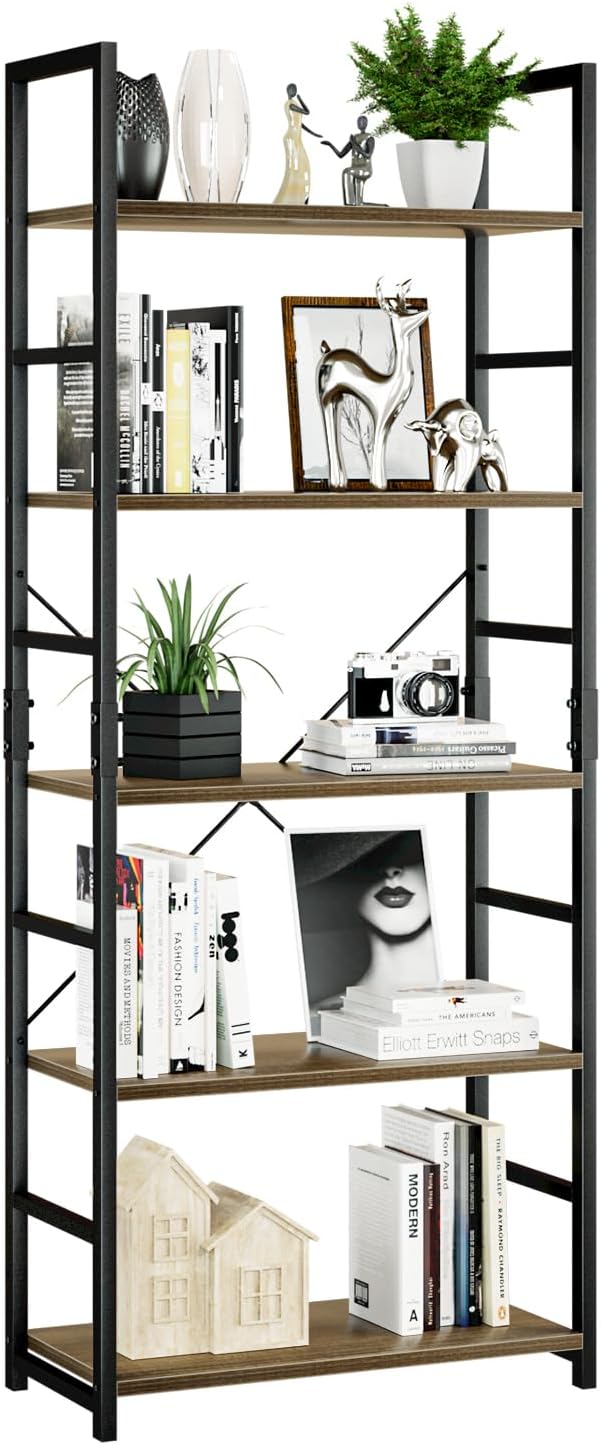 NUMENN 5 Tier Bookshelf, Tall Freestanding Open Storage Bookcase, Vintage