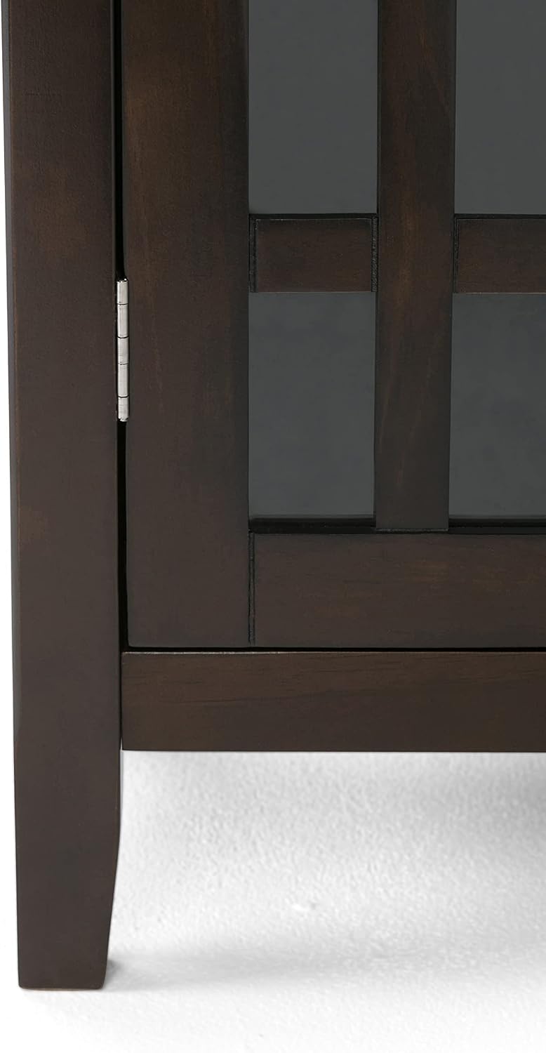 SIMPLIHOME Bedford 62" Wide Solid Wood Sideboard in Brunette Brown | Transitional low media console with glass doors and storage shelves for the living room, entryway or dining room.
