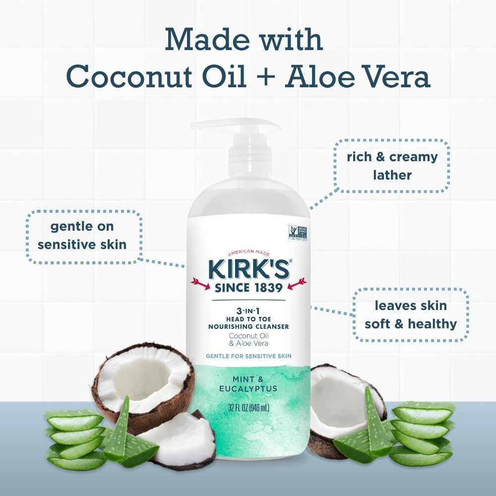 Kirk's Juniper & Lime​ 3-in-1 Nourishing Cleanser, Shampoo Body Wash Bubble Bath, Coconut Oil and Aloe Vera, Vegan Non-GMO, 32 Fl Oz