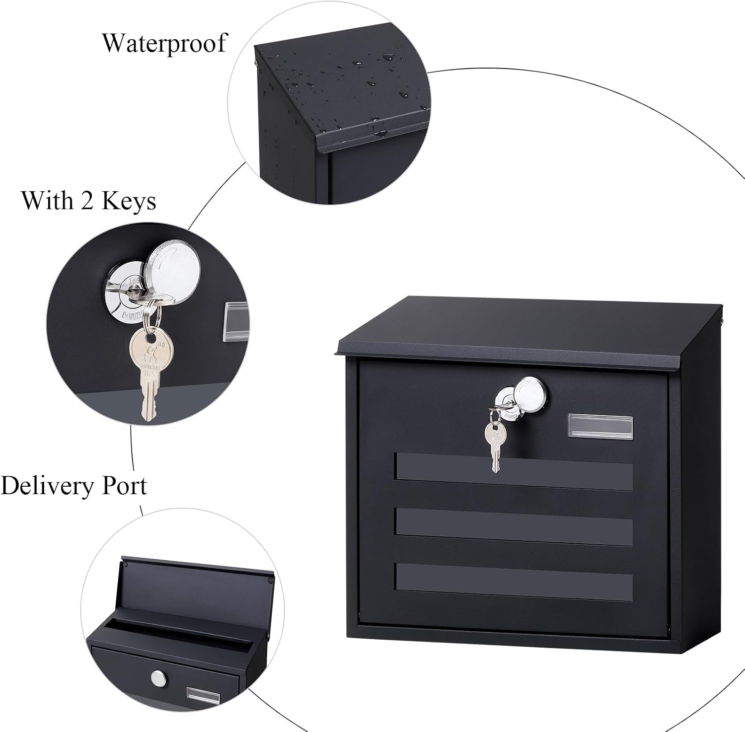Locking Mailbox Wall Mount for Outside– Jssmst Mailboxes with Key Lock for Front Door Fence, Large Capacity Letter Box, 14.3 x 4.1 x 11.8 Inch, Black, SM-HPB911BN