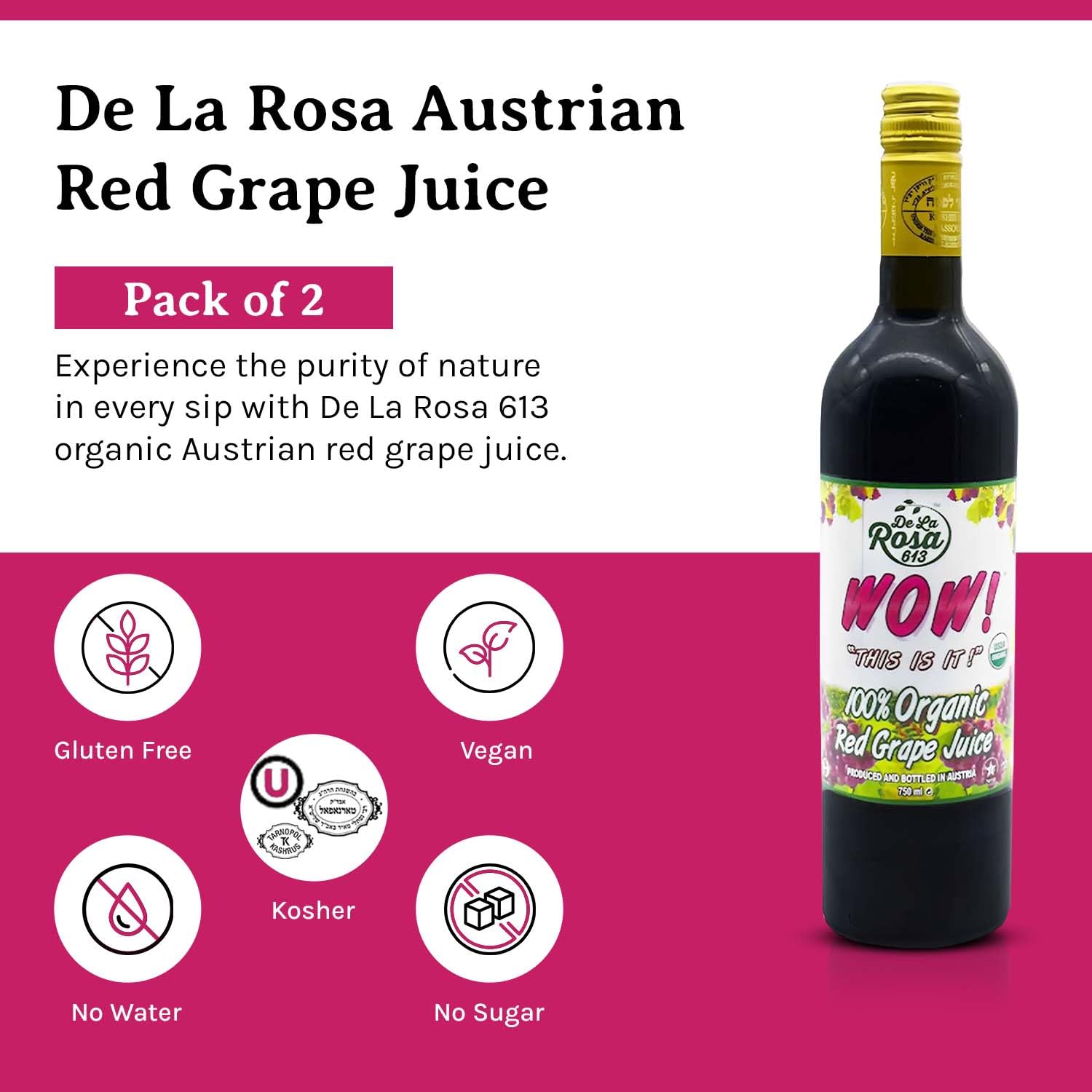 De La Rosa Organic Austrian Kosher Red Grape Juice (25.4 oz - 2pack)