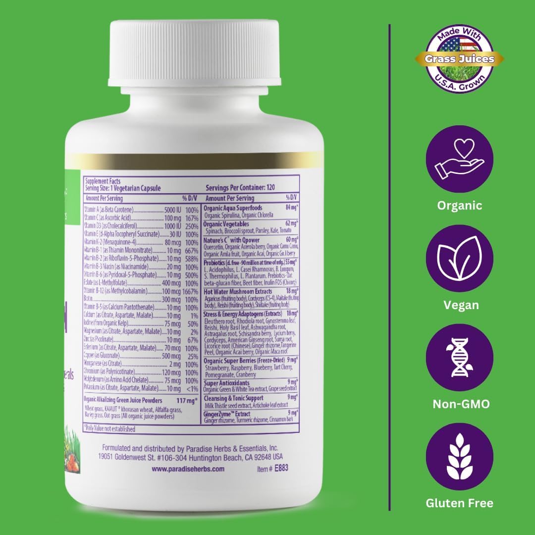 Paradise Herbs & Essentials Once Daily Multivitamin Iron 60 Capsules | Organic superfoods, probiotics, and vitamins A, B12, C, D, K2 in a dietary supplement for immune and bone support.