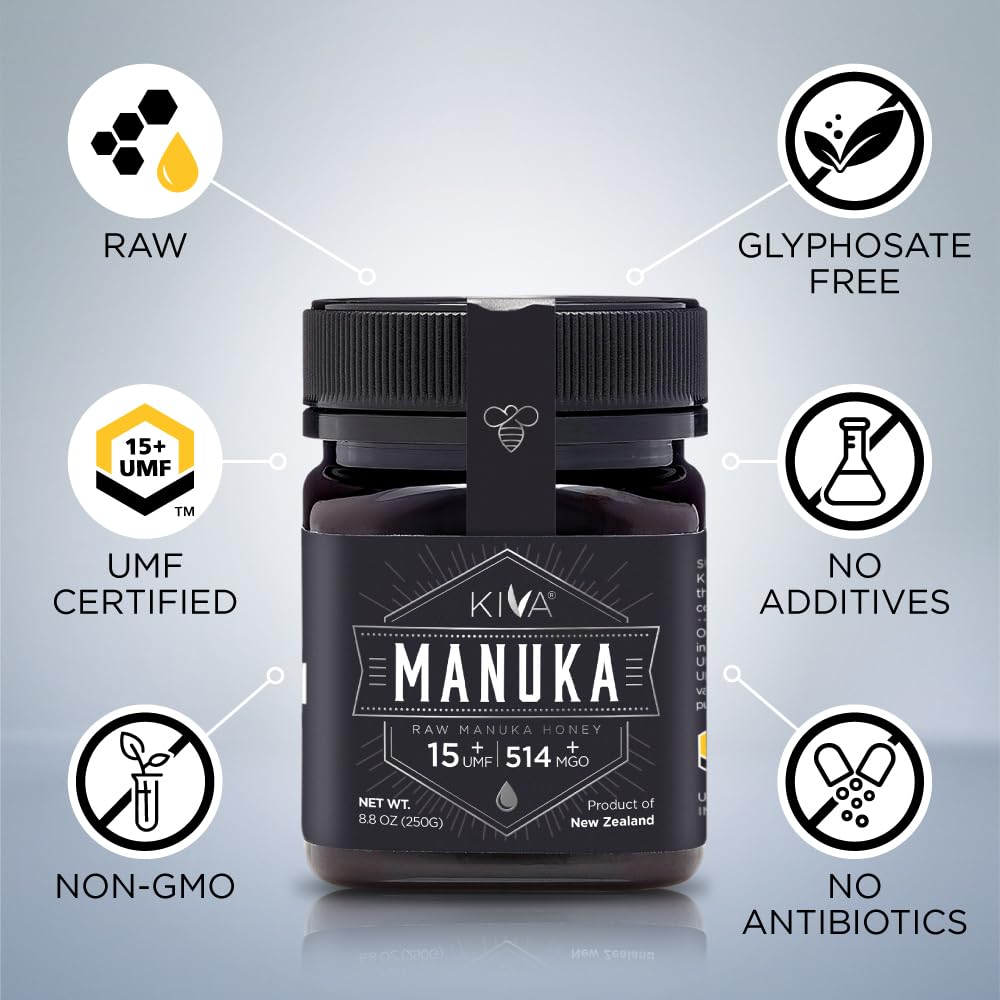Kiva Raw Manuka Honey - Certified UMF 15+, MGO 514+ 100% Pure Genuine New Zealand, Non-GMO, Traceable (8.8oz/250g Bottle)
