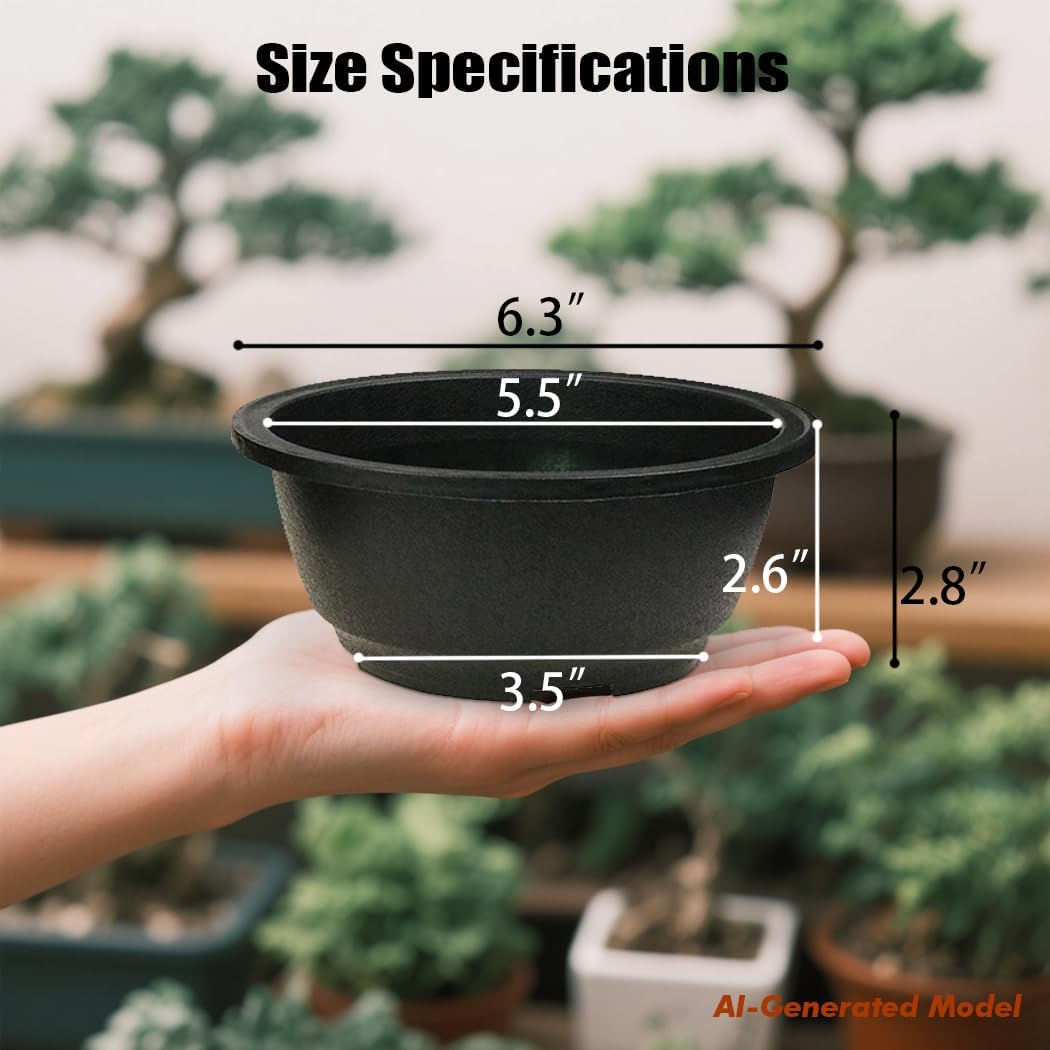 MUZHI 12PACK Matte Black Succulent Bonsai Round Planter Bowl Pot with Drainage, Plastic Cactus Flat Garden Plant Bowl Pots 6.3”