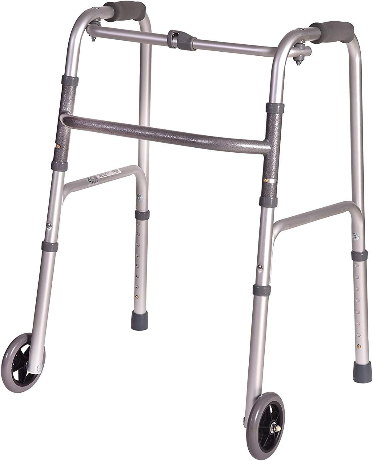 DMI Lightweight Aluminum Folding Walker with Single Release, 5 Inch Wheels, Adjustable Height, No Assembly Needed, Silver, 250 lb Weight Capacity