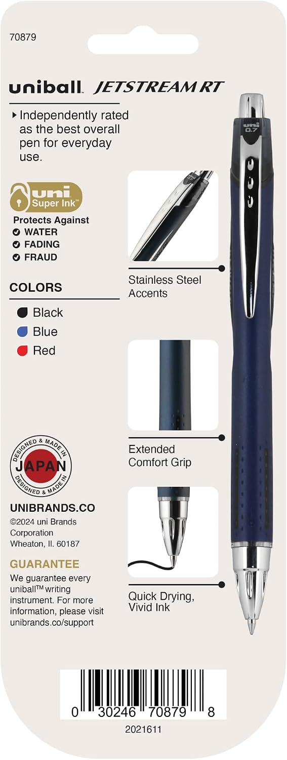 uniball™ Jetstream RT Ballpoint Pens, Black Ink, 0.7mm Fine Point, 3 Count | Retractable, Smooth Writing, Quick-Drying, Smear-Resistant, uni Super Ink™