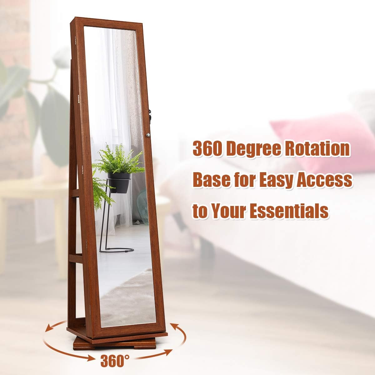 CHARMAID 360° Swivel Jewelry Armoire with Higher Full Length Mirror, Standing Lockable Jewelry Cabinet Organizer with Large Storage Capacity