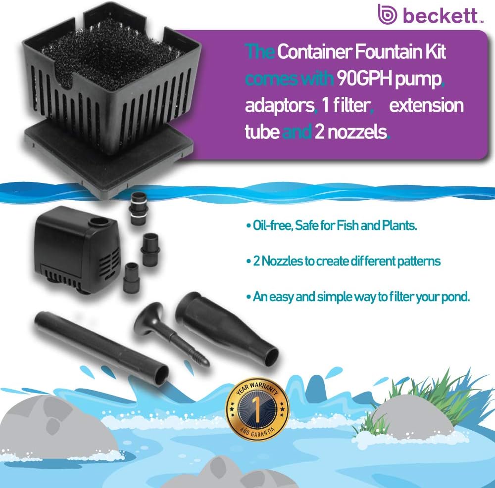 Beckett Corporation CGFK60 7207210 120 GPH 5 Watt Container Fountain Pump Kit for Patio Ponds, Container Fountains, Indoor and Outdoor Fountains