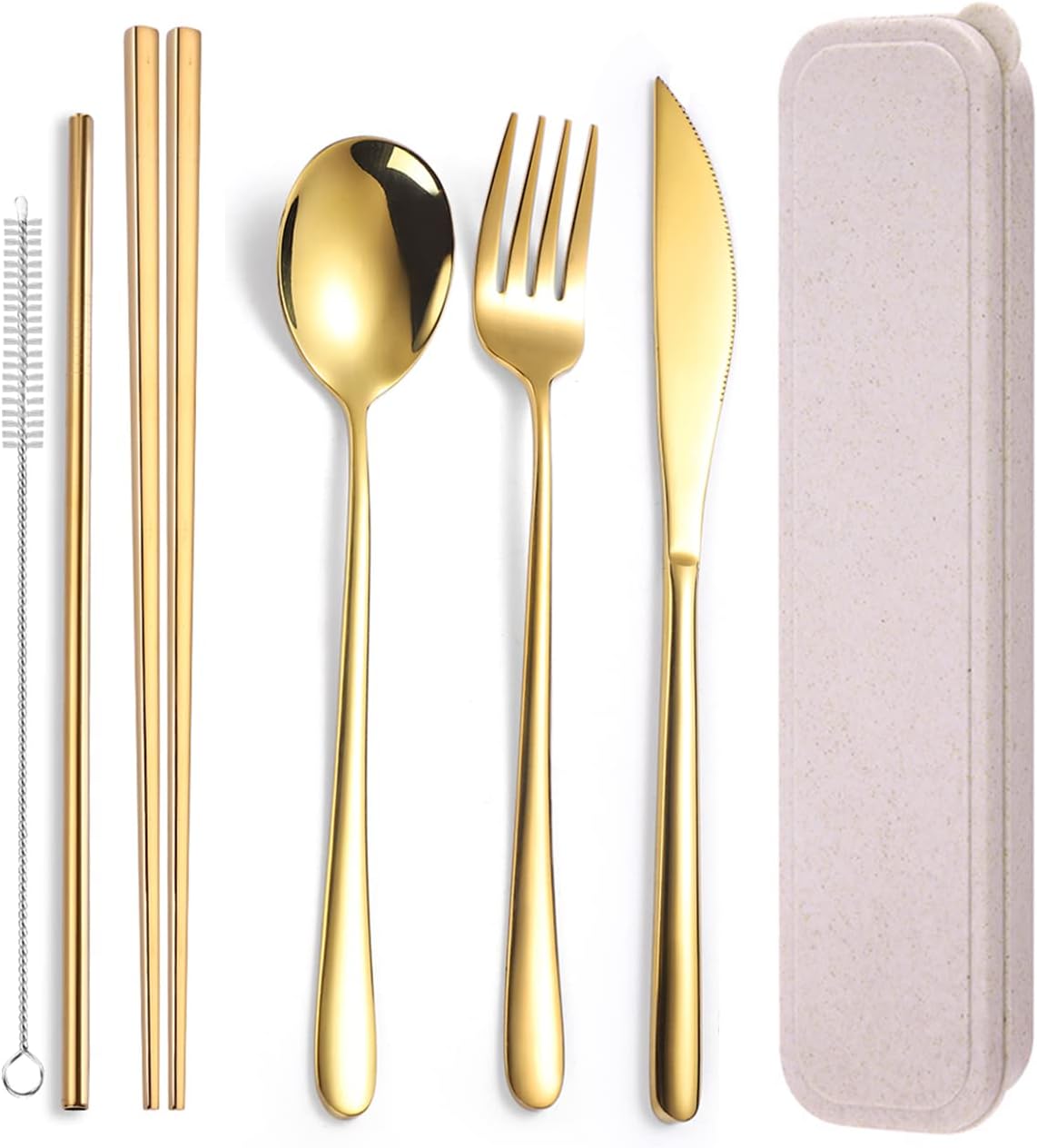 AARAINBOW 6 Pieces 18/8 Stainless Steel Flatware Set Portable Reusable Cutlery Set Travel Utensils Set Including Chopsticks Knife Fork Spoon Straws