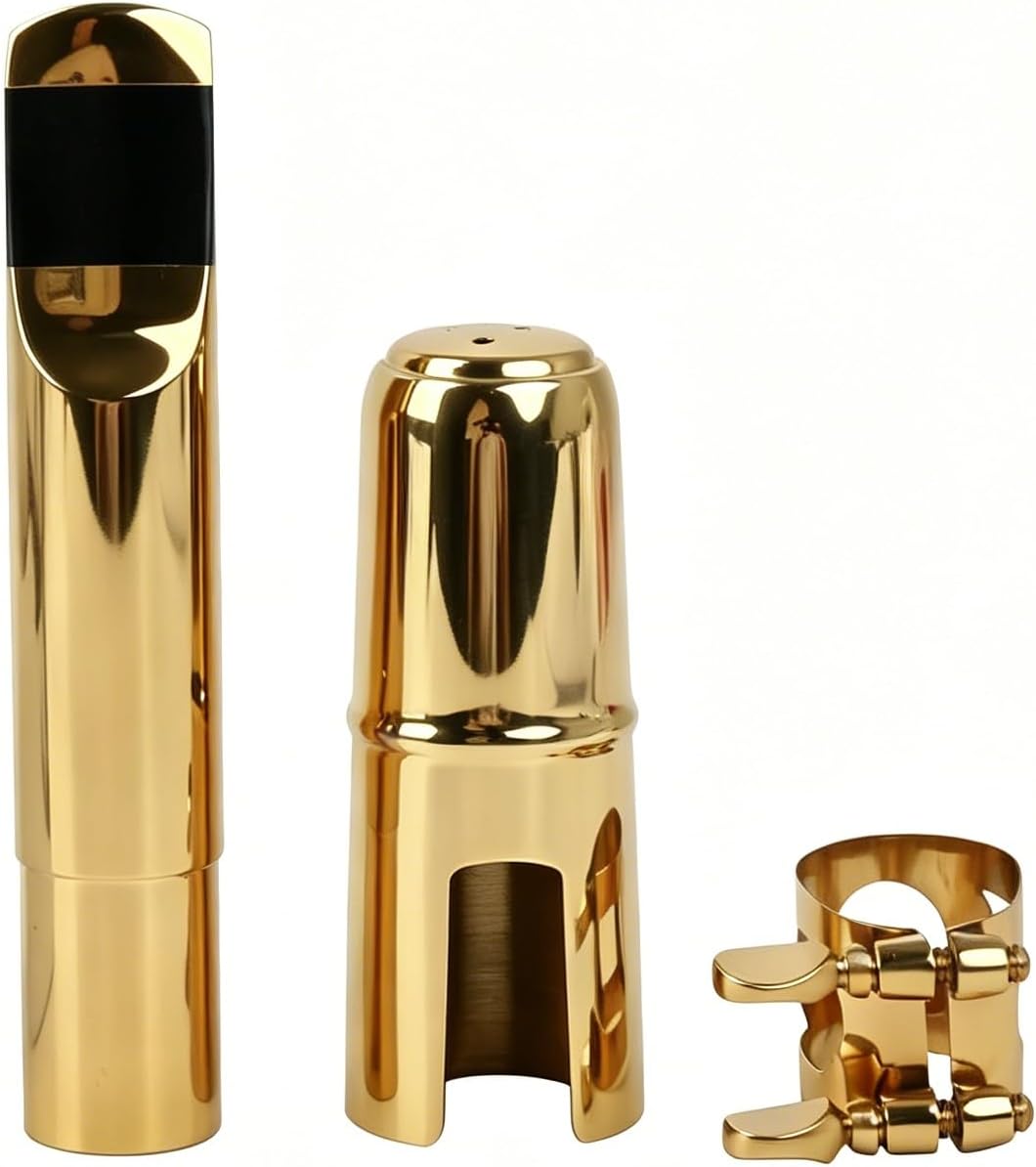 Yibuy Gold Plated Brass B-flat Tenor Saxophone Sax Mouthpiece with Cap Ligature 7#