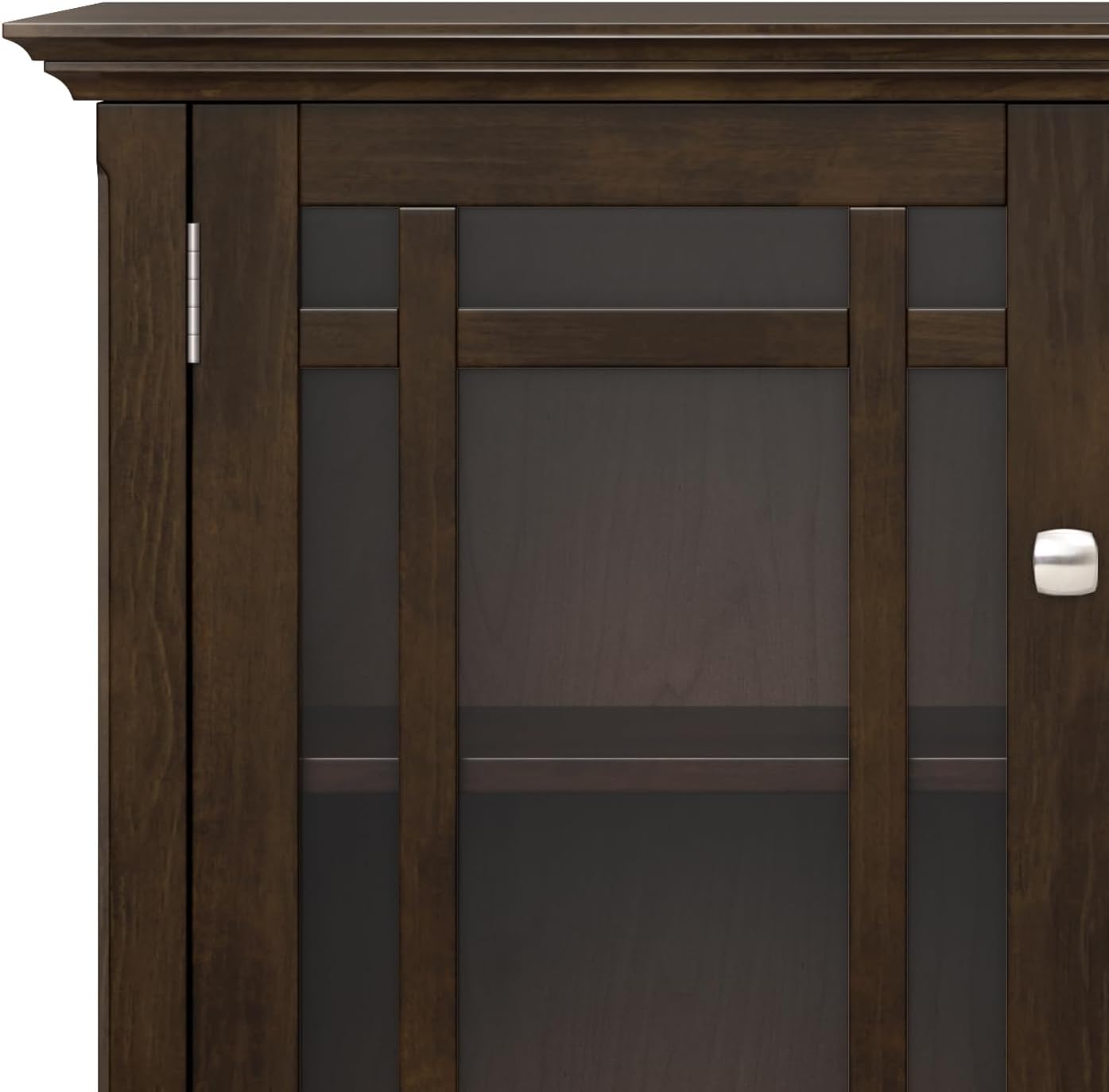SIMPLIHOME Bedford 62" Wide Solid Wood Sideboard in Brunette Brown | Transitional low media console with glass doors and storage shelves for the living room, entryway or dining room.