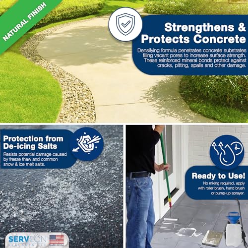 Concrete Driveway Sealer Densifier (Clear Natural Finish) 1 Gal | Serveon Sealants Commercial Grade Outdoor Indoor Waterproof Sealant, Protects Pavers, Sidewalks Pools, Made in USA, H2100