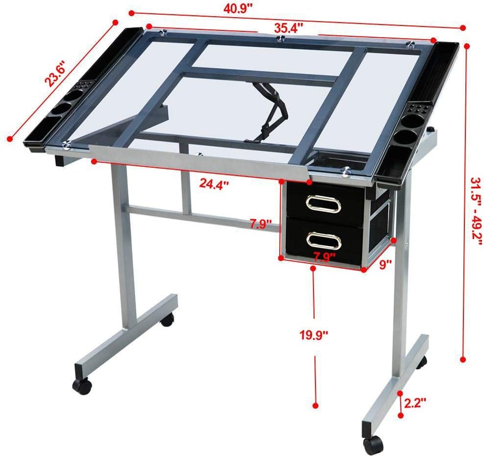 Yaheetech Glass Drafting Table with Storage, Adjustable Art Drawing Desk | Tempered glass top on a steel frame tilts 0-60° for drawing, tracing