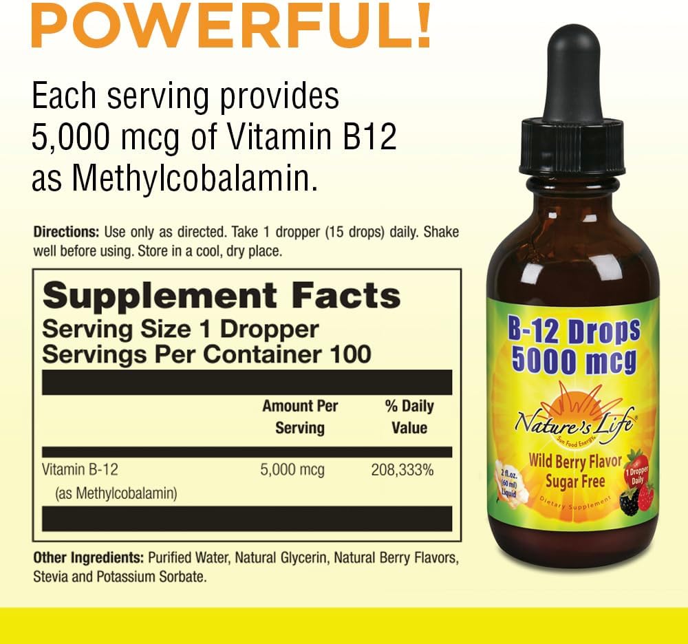 Nature's Life B12 Drops 5000 mcg - Vitamin B12 Methylcobalamin - Liquid B12 Supplement for Energy Metabolism, Nerve Function and Red Blood Cell Support Natural Mixed Berry, Sugar Free (200 Serv, 4oz)
