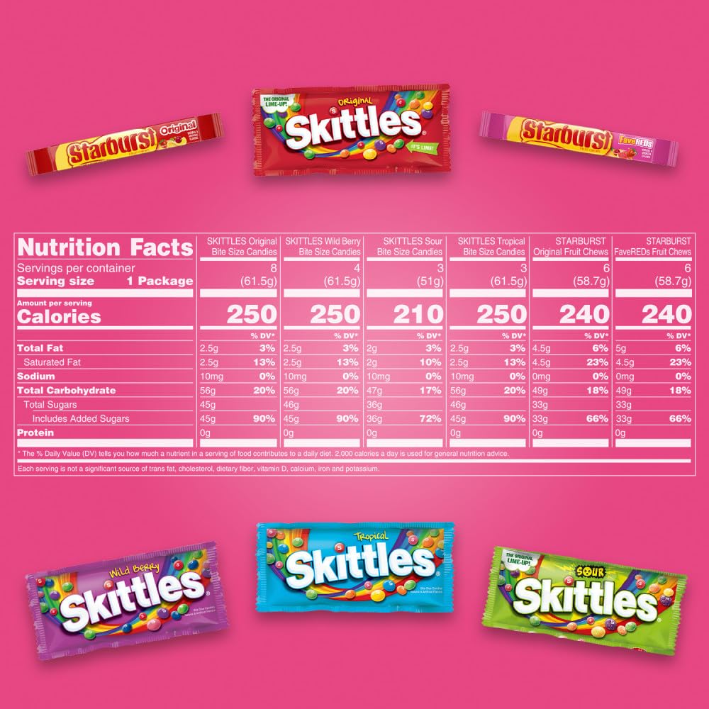 SKITTLES & STARBURST Assorted Candy Variety Pack Bulk Box 18 Count 37.05 oz | Everyday snacking, snack box, mix candy assortment bulk candy fruity candies bulk box for fundraising, snacking, road trips