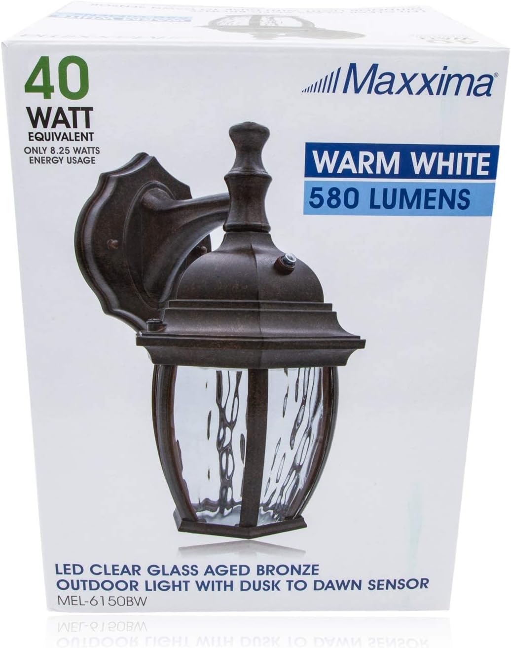 Maxxima LED Brown Outdoor Wall Light, 580 Lumens 3000K, Dusk to Dawn Sensor | Clear Water Glass, Warm White, Photocell Sensor, Exterior Patio or Porch Sconce Fixture
