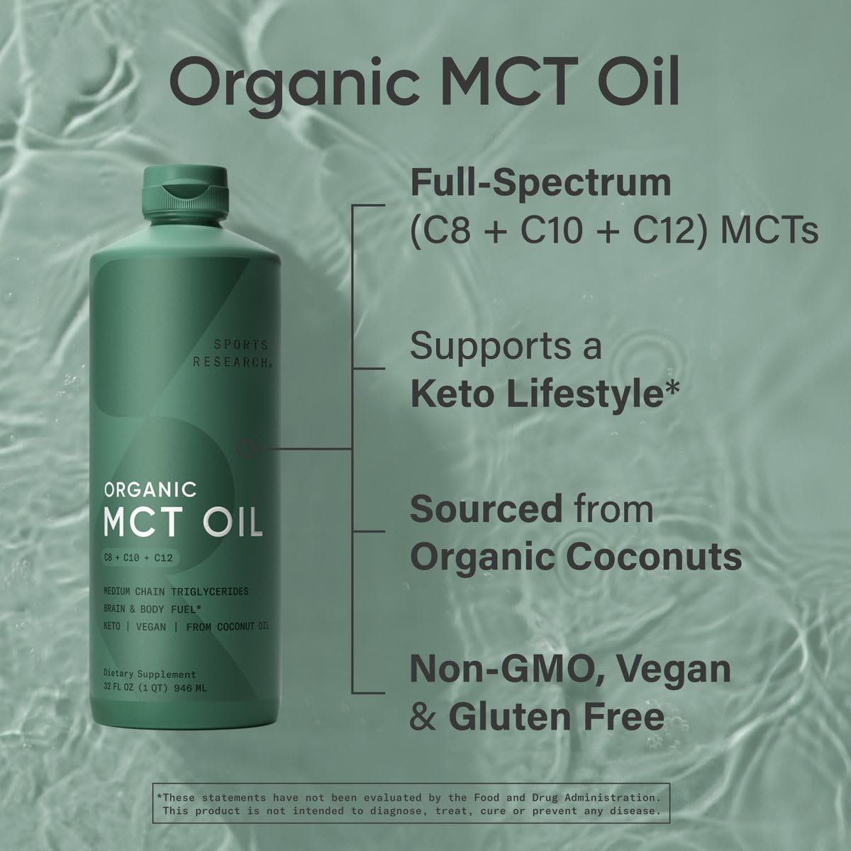 Sports Research® Organic Coconut MCT Oil 32oz, Unflavored | Brain & Body Fuel | Great in Keto Coffee & Protein Shakes | Vegan, Keto, Non-GMO - 63 Servings