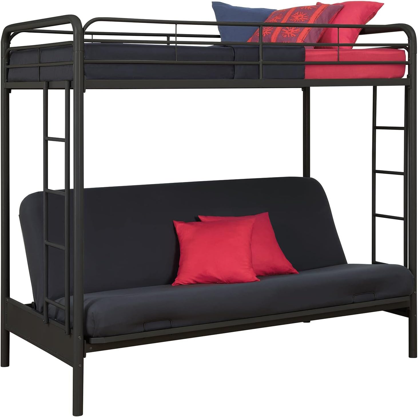 DHP Twin-Over-Futon Convertible Couch and Bed with Metal Frame, Ladder and Guardrails - Black
